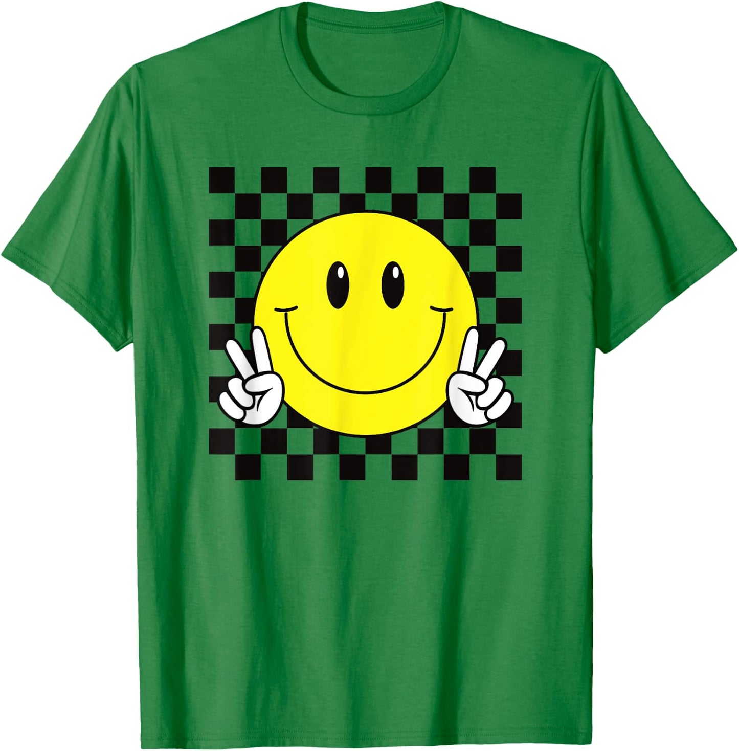 Yellow Smile Face Cute Checkered Peace Smiling Happy Face T-Shirt - T-Shirt | Irish Green