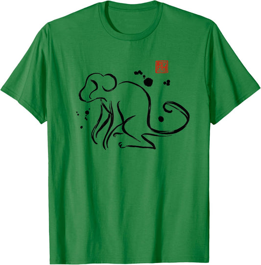 Chinese Zodiac Monkey Sumi-e Japanese Ink Design T-Shirt - T-Shirt | Irish Green