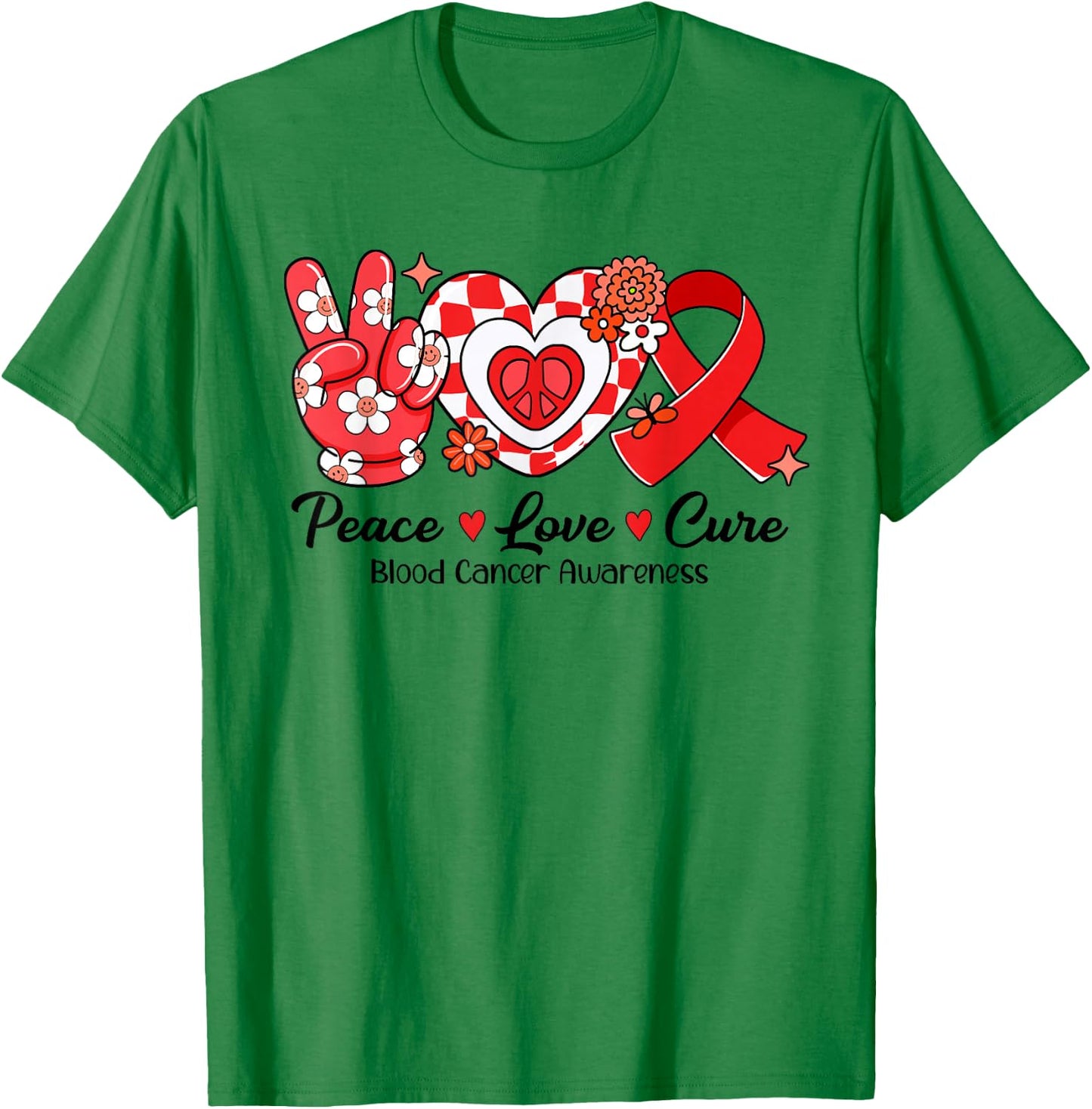 Retro Groovy Peace Love Cure Blood Cancer Awareness Gifts T-Shirt - T-Shirt | Irish Green