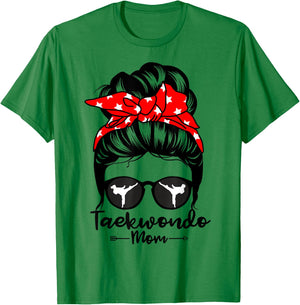 Taekwondo Mom Messy Bun Hair Funny Taekwondo Athlete Mom T-Shirt - T-Shirt | Irish Green