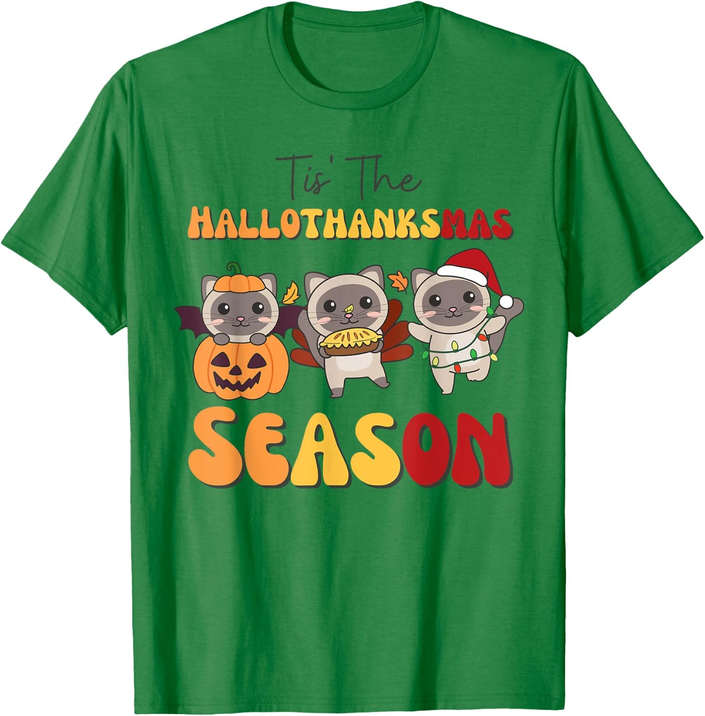 Siamese Cat Christmas Halloween Tis' The Hallothanksmas T-Shirt - T-Shirt | Irish Green