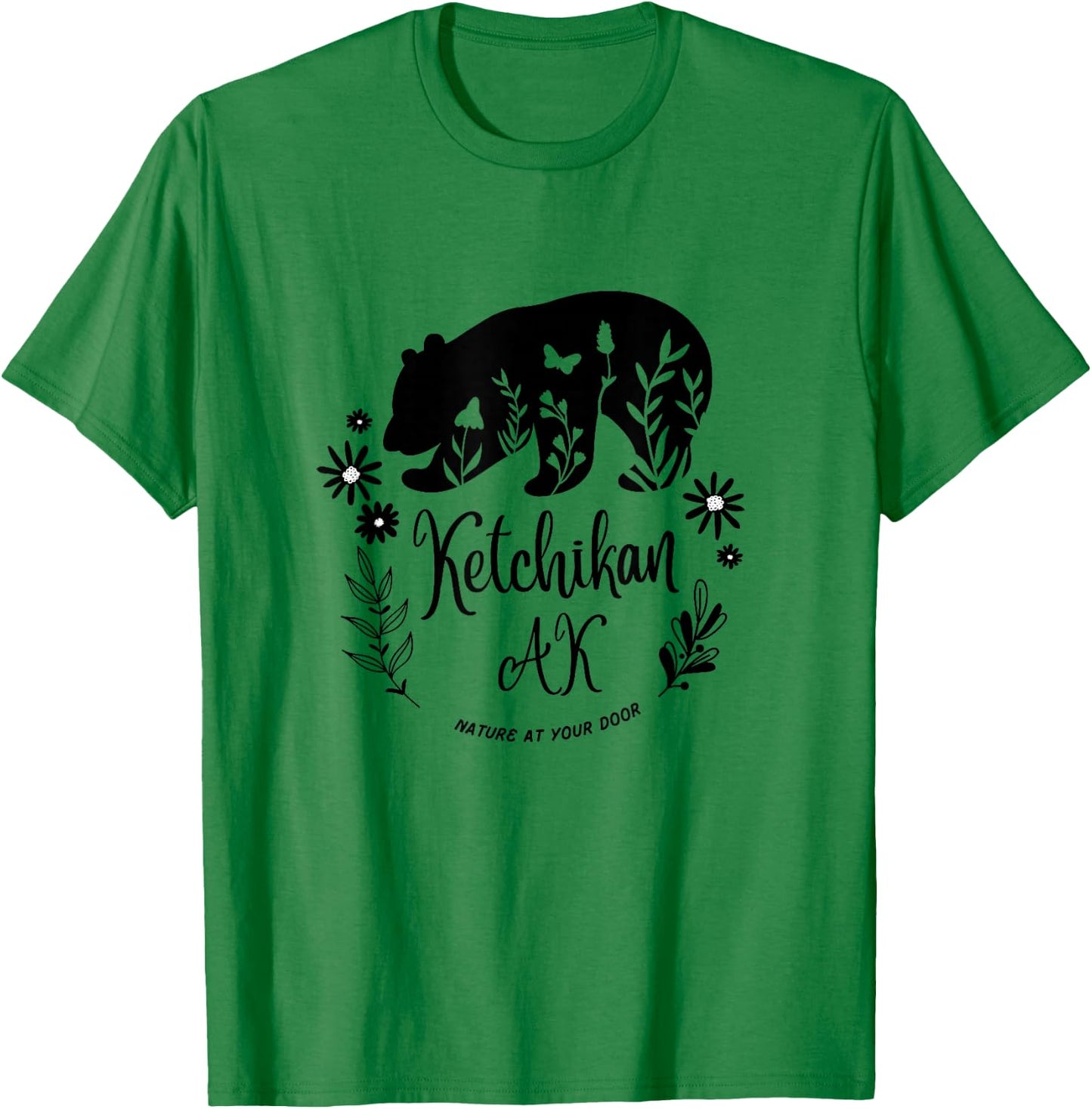 Ketchikan Alaska Bear & Flowers Nature At Your Door Design T-Shirt - T-Shirt | Irish Green