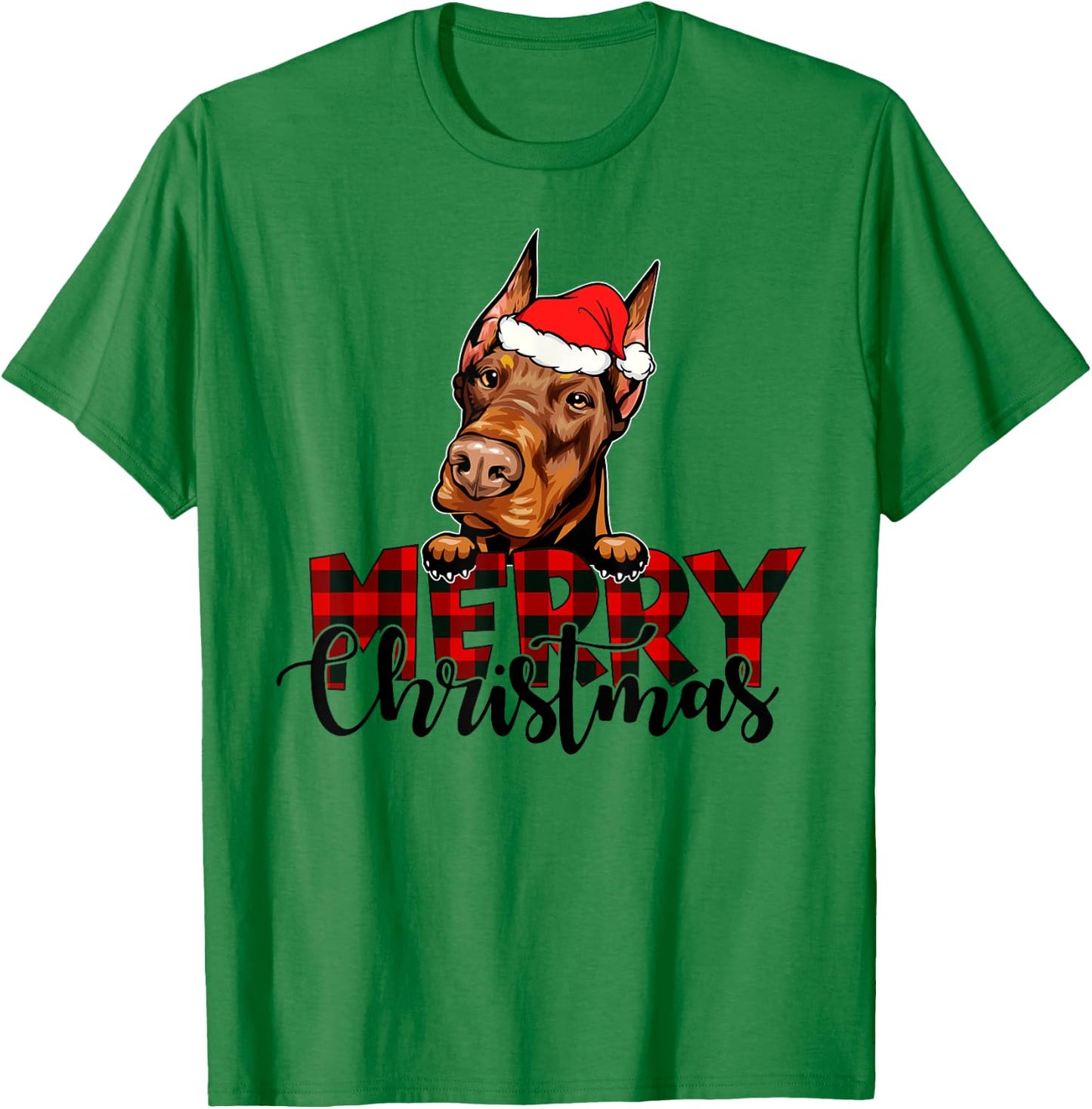 Merry Christmas Doberman Dog Christmas Red Plaid Santa Hat T-Shirt - T-Shirt | Irish Green