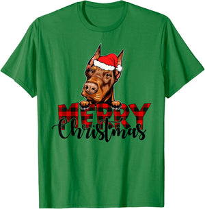 Merry Christmas Doberman Dog Christmas Red Plaid Santa Hat T-Shirt - T-Shirt | Irish Green