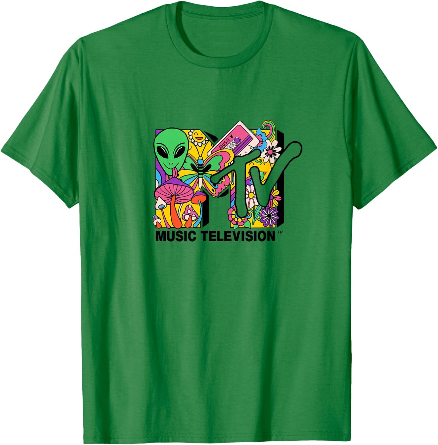 Mademark x MTV - The official MTV Logo with mushrooms aliens and flowers T-Shirt - T-Shirt | Irish Green