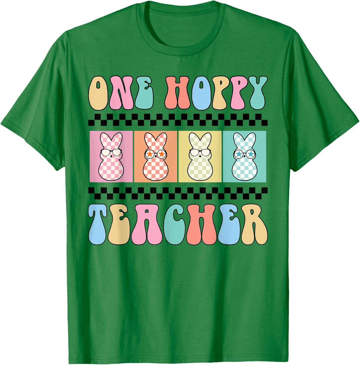 One Hoppy Teacher Bunny Easter Day Groovy Retro Boy Girl T-Shirt - T-Shirt | Irish Green