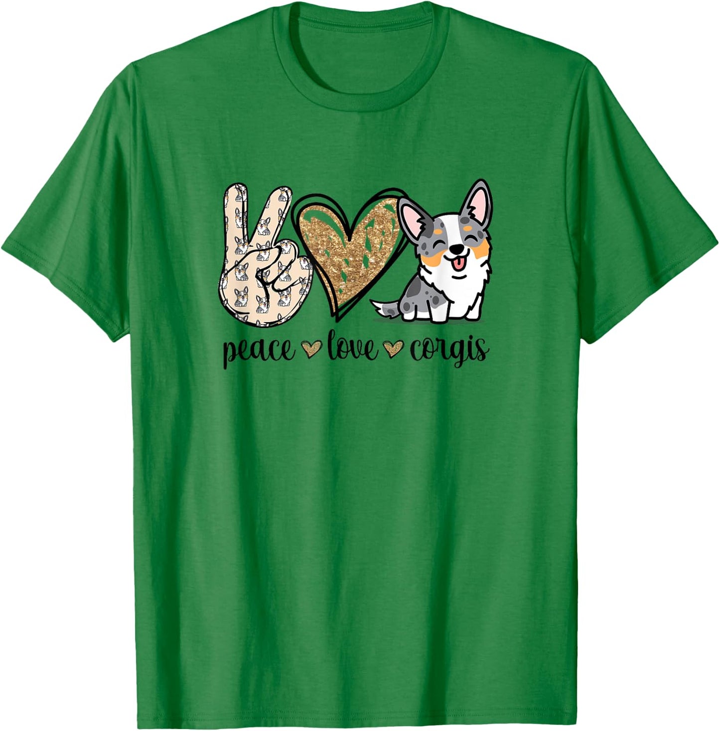 Funny Kawaii Peace Love Cardigan Blue Merle Corgi Lover T-Shirt - T-Shirt | Irish Green