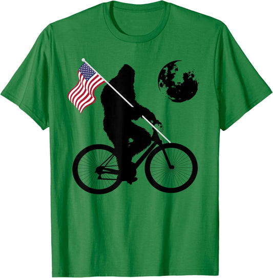 Funny Bigfoot Riding Bike For Bikers Sasquatch American flag Women Kids Men T-Shirt - T-Shirt | Irish Green