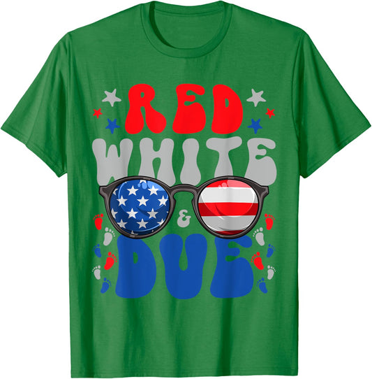 4th of July Pregnancy Dress Red White And Due Baby Reveal Women Men T-Shirt - T-Shirt | Irish Green