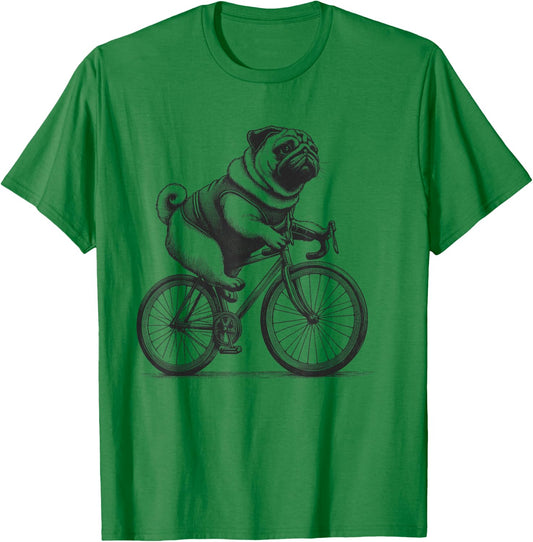 Pug Dog Riding a Bike Bicycle Biker Cycling T-Shirt - T-Shirt | Irish Green