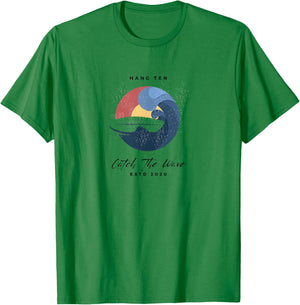 Hang 10 Catch The Waves Surfboard Surf Surfing T-Shirt - T-Shirt | Irish Green