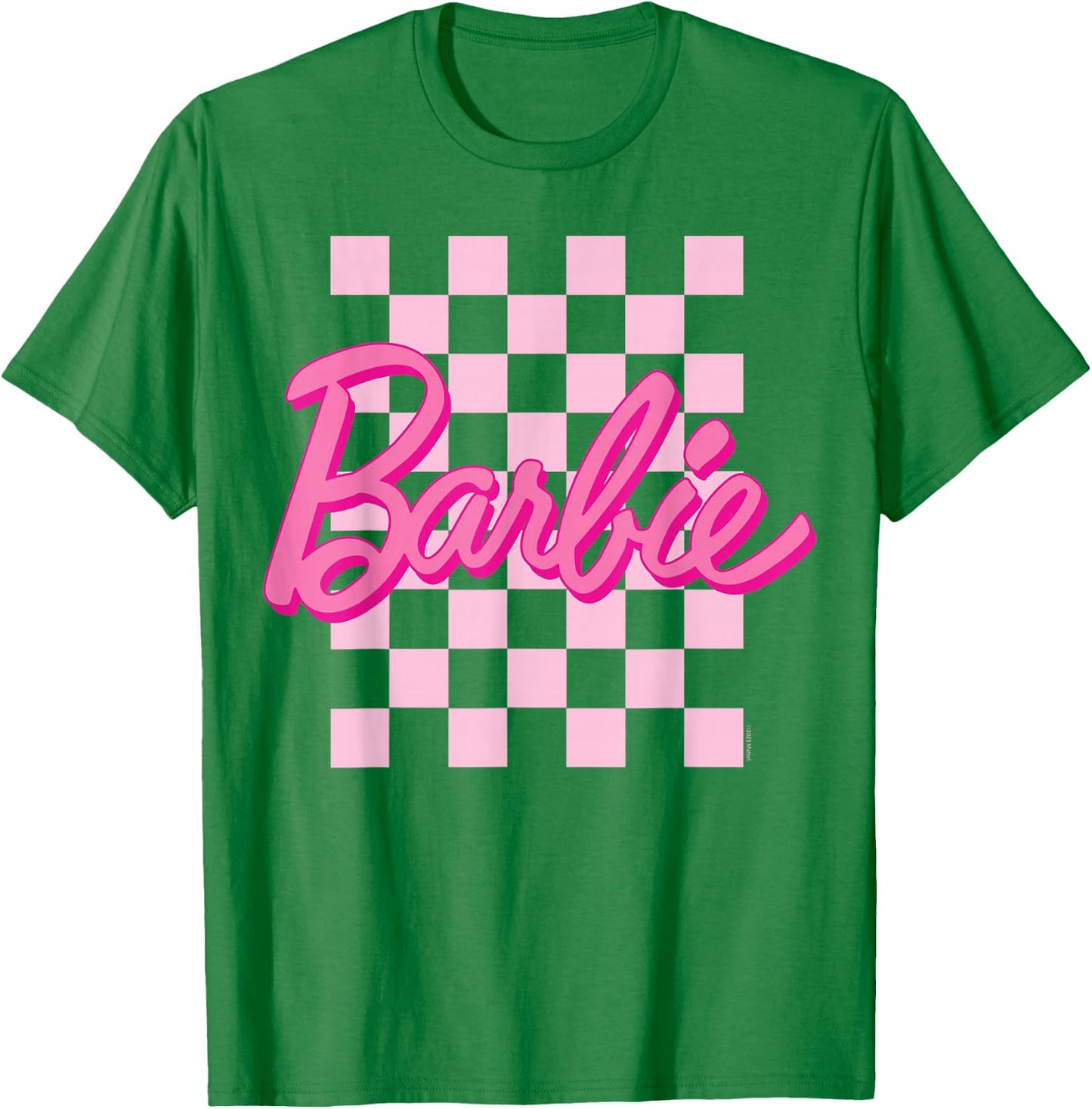 Barbie - Barbie Logo Checkered Background Short Sleeve , Small T-Shirt - T-Shirt | Irish Green