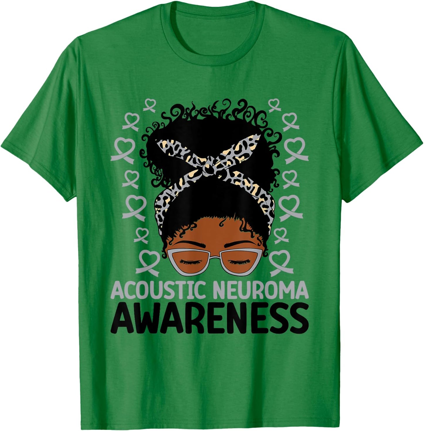 Acoustic Neuroma Awareness Women Messy Bun Gray Ribbon T-Shirt - T-Shirt | Irish Green