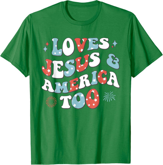 Loves Jesus and America Too Retro 4th of July Cute Christian T-Shirt - T-Shirt | Irish Green