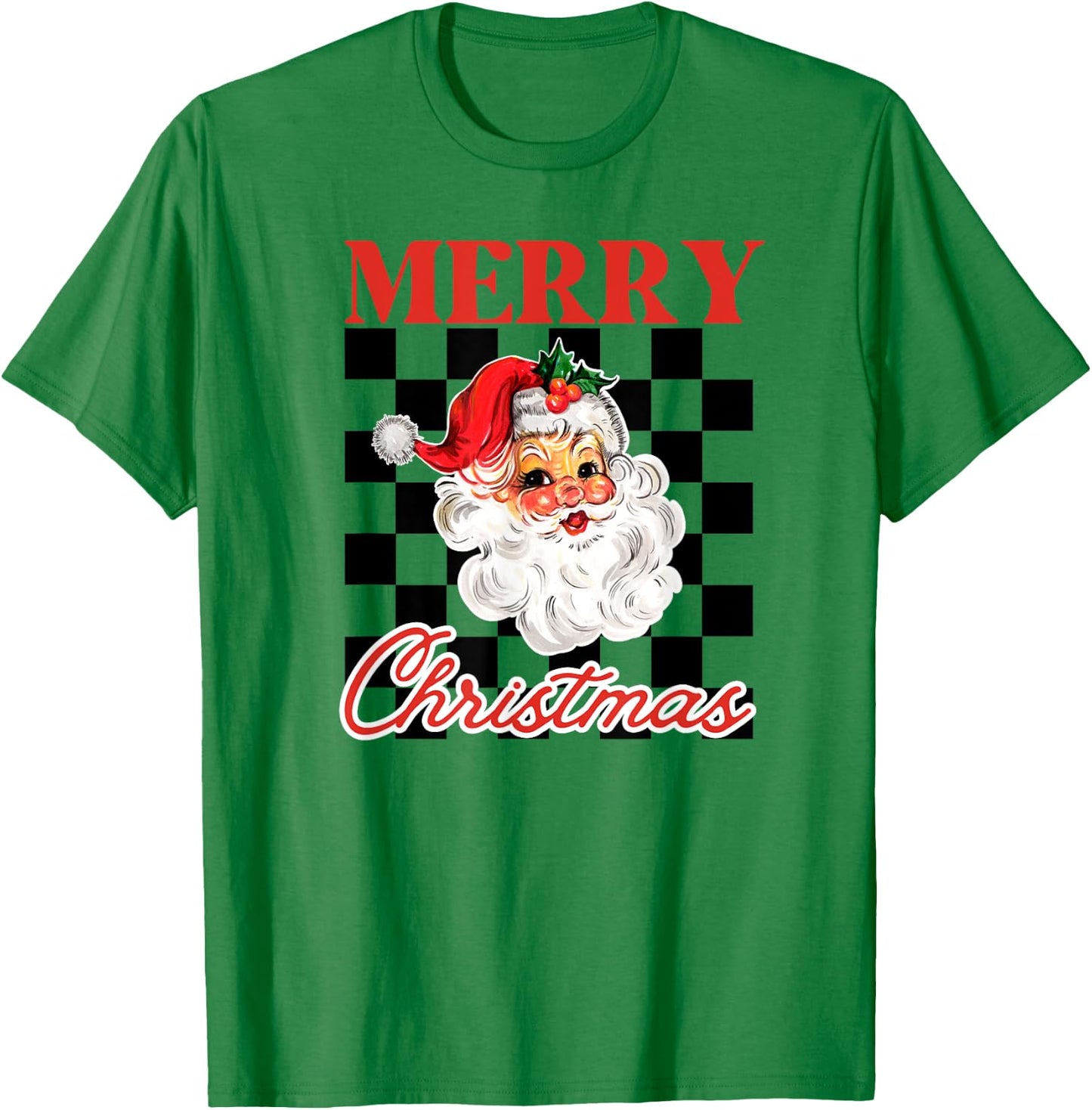Retro Merry Christmas Checkered Vintage Santa T-Shirt - T-Shirt | Irish Green