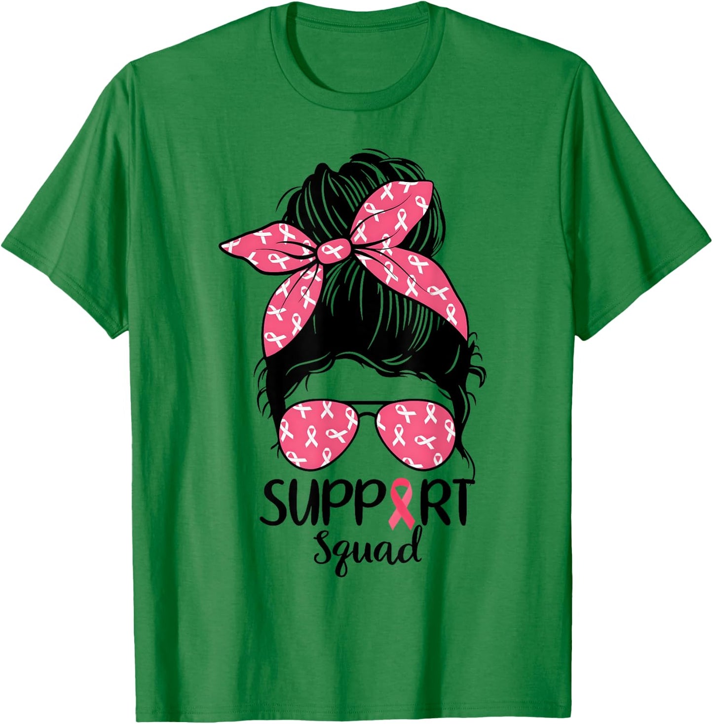 Support Squad Messy Bun Pink Warrior Breast Cancer Awareness T-Shirt - T-Shirt | Irish Green