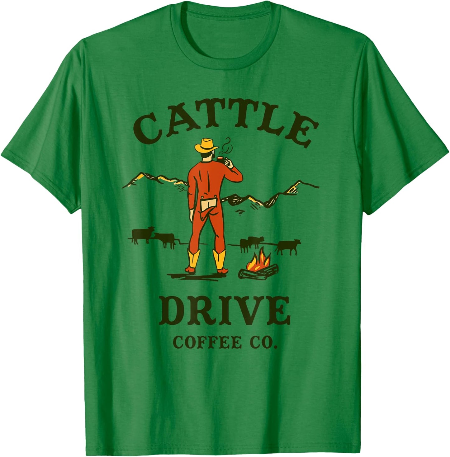 Cattle Drive Coffee Company: Funny Western Cowboy Mooning T-Shirt - T-Shirt | Irish Green