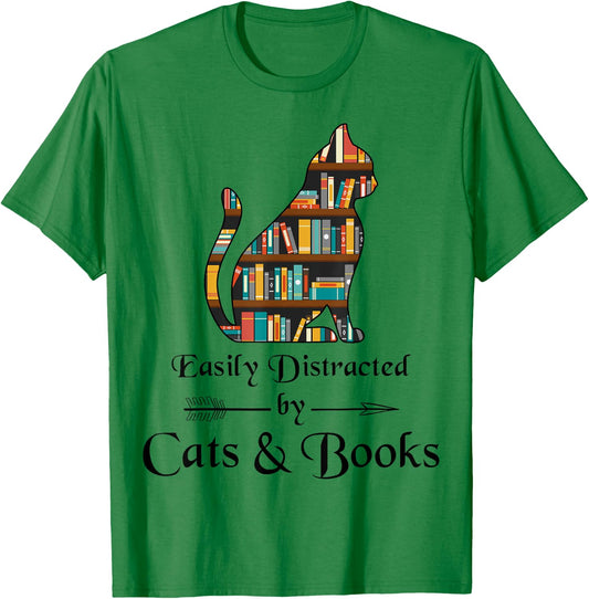 Easily Distracted By Cats And Books Cat Book Lover Cute Cat T-Shirt - T-Shirt | Irish Green