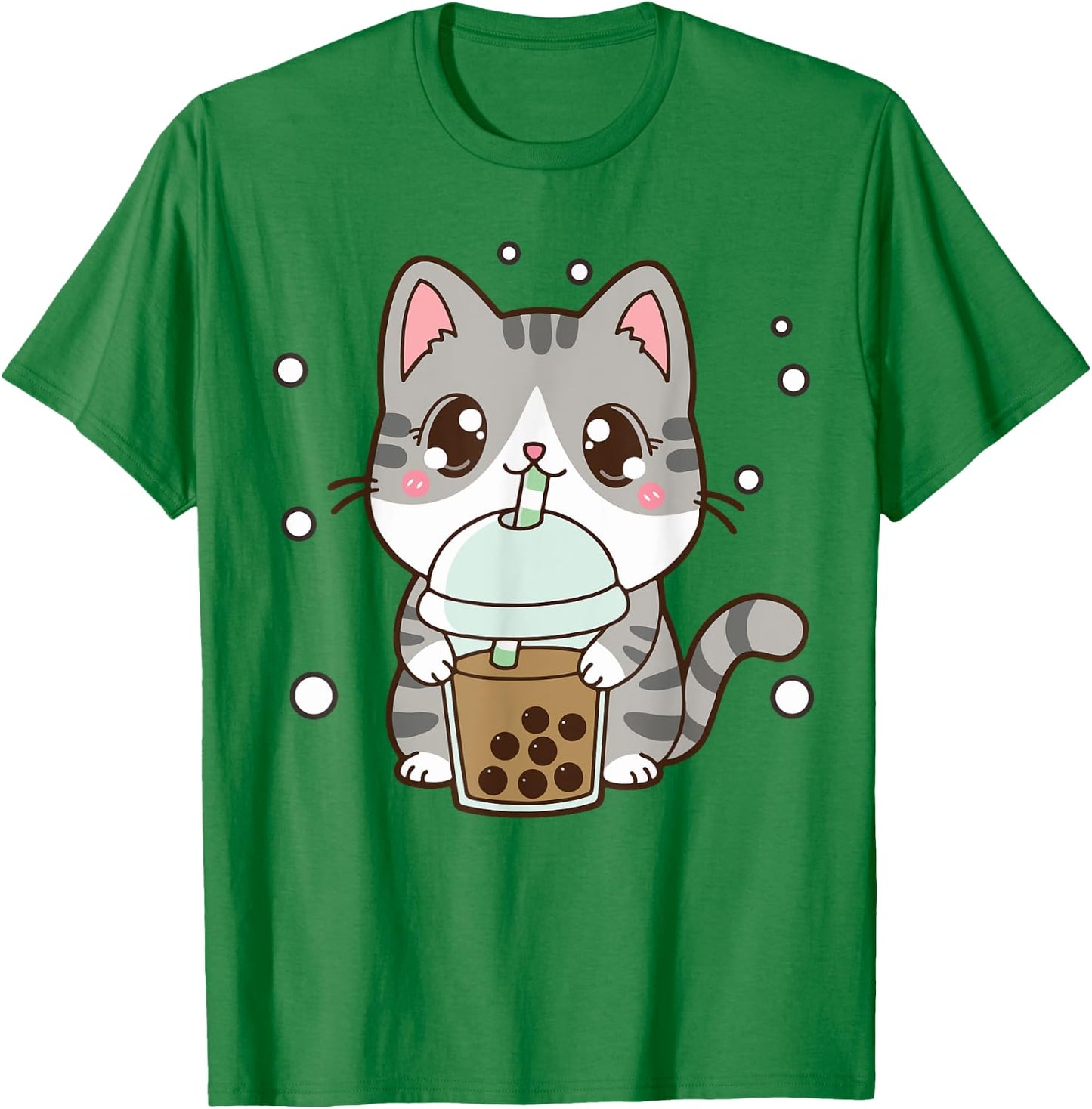 Cat Boba Bubble Tea Cute Kawaii Anime Teen Girl Kids Graphic T-Shirt - T-Shirt | Irish Green