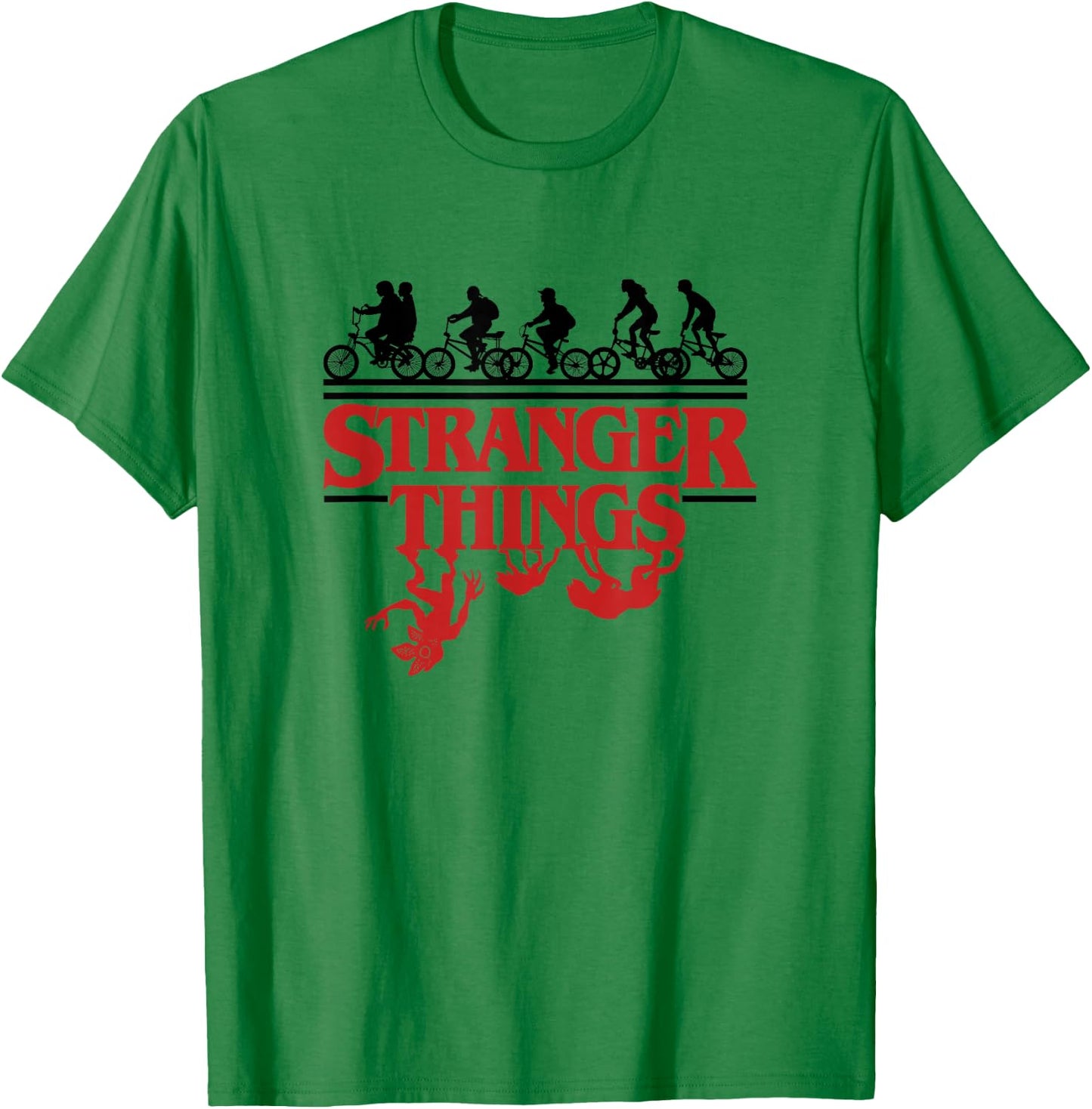 Stranger Things Kids Riding Bikes Hunted By Monsters T-Shirt - T-Shirt | Irish Green