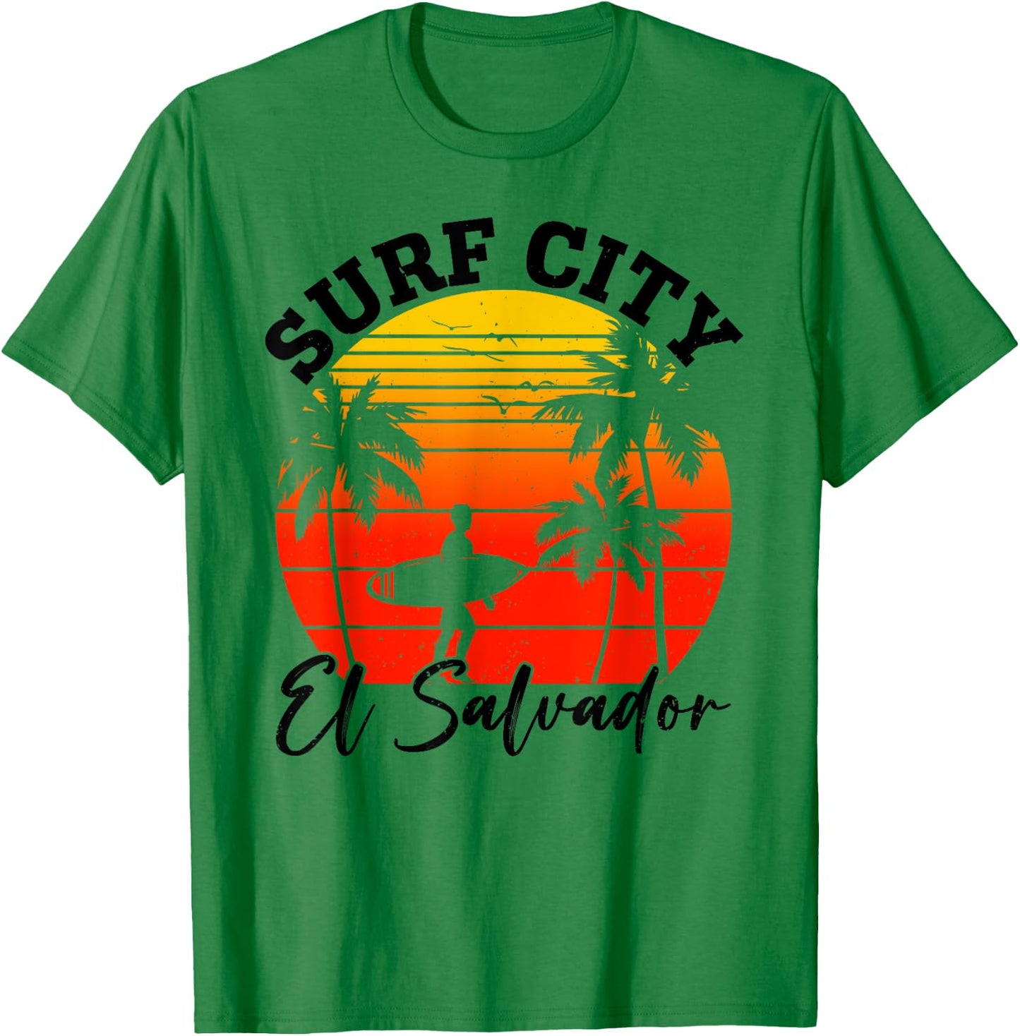 Surf City El Salvador Retro Sunset Surfer Man Woman Surfing T-Shirt - T-Shirt | Irish Green