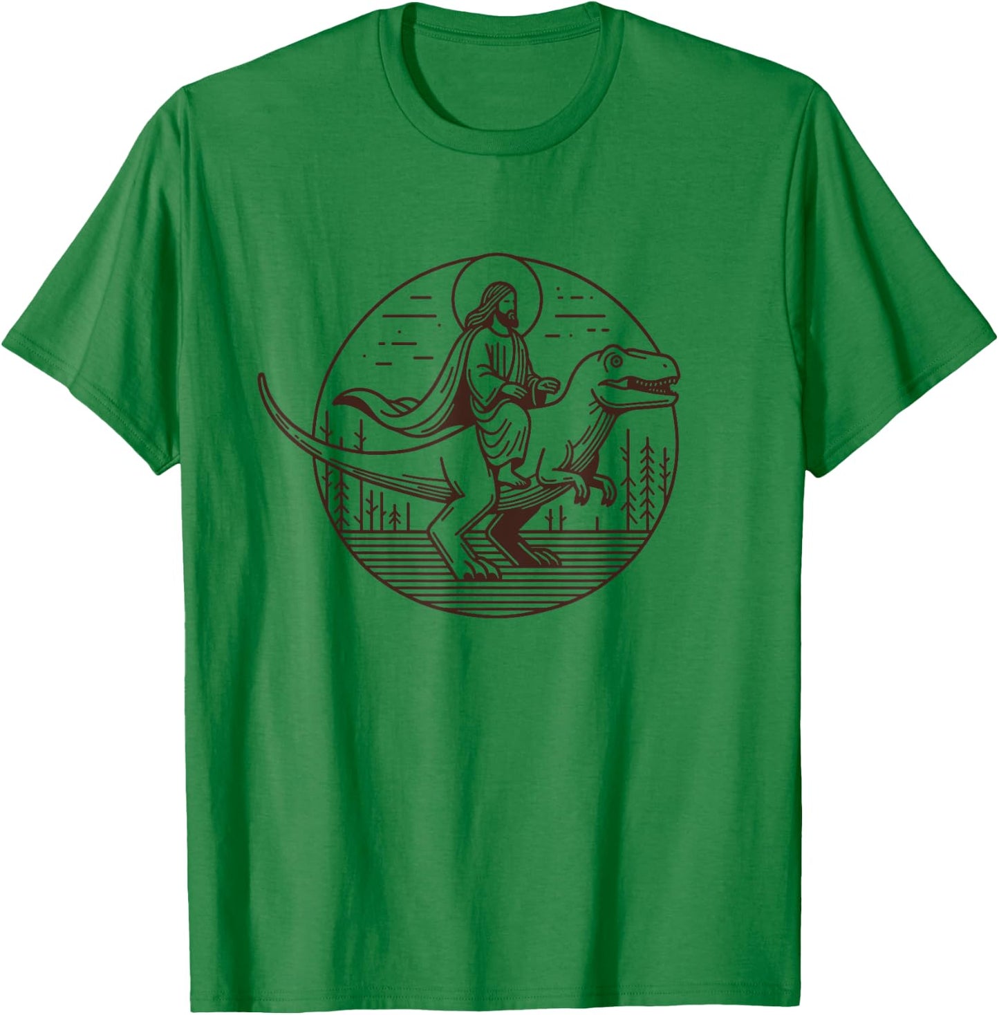 Funny Jesus Riding T-Rex Dinosaur Meme Parody for Believers T-Shirt - T-Shirt | Irish Green
