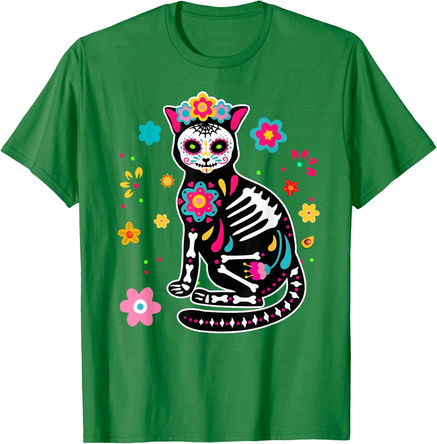 Dia de Los Muertos Cat Shirt Mexican Sugar Skull Day of Dead Women Kids T-Shirt - T-Shirt | Irish Green