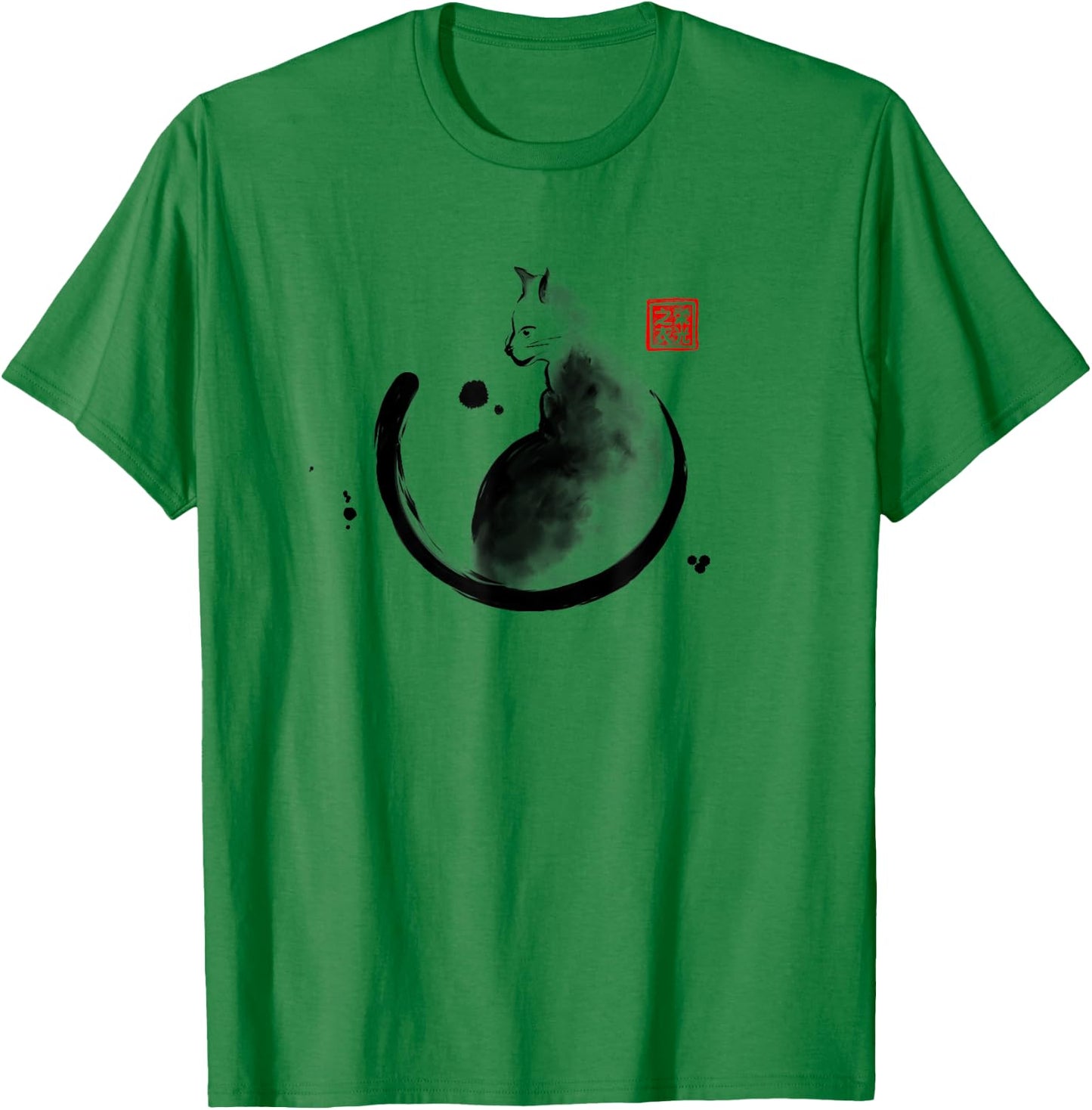 Artistic Cat Feline Japanese Ink Sumi-e Design Men Women Kids T-Shirt - T-Shirt | Irish Green