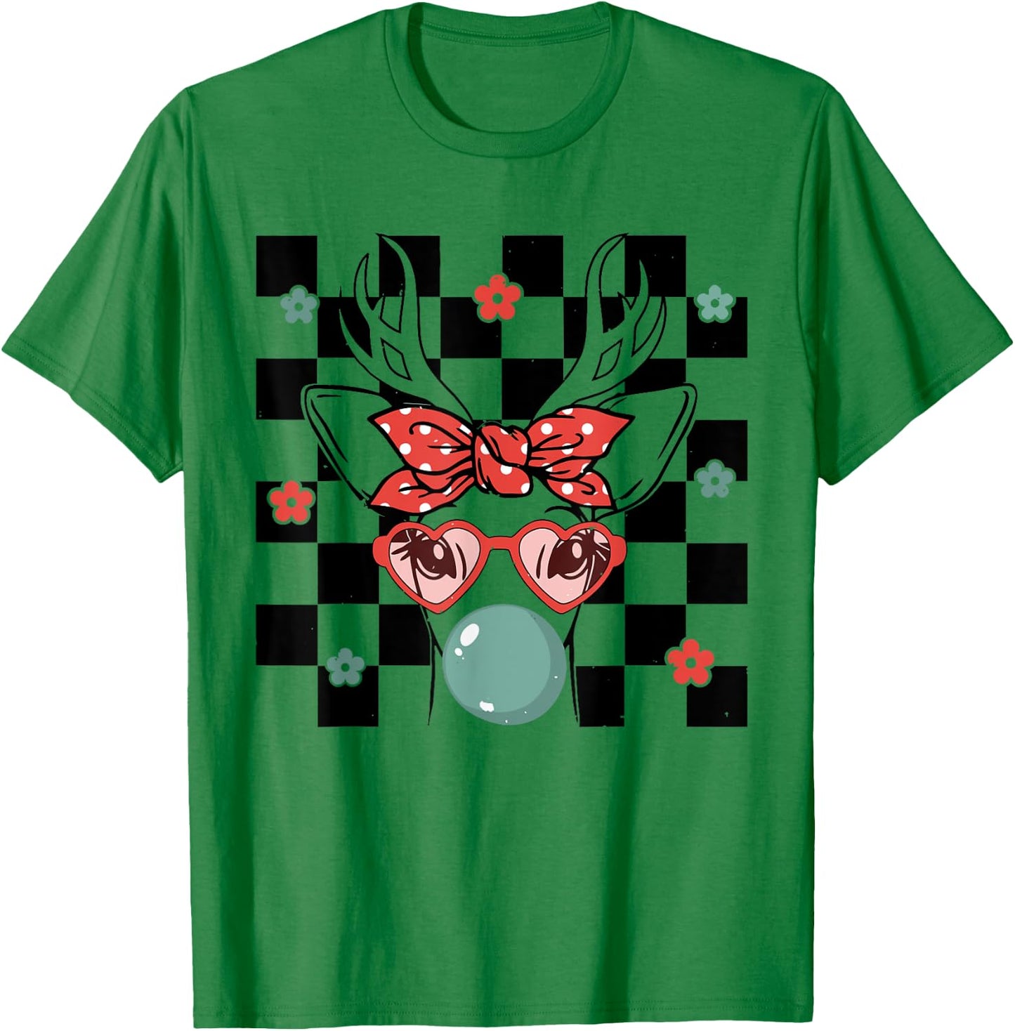 Cute Reindeer Wearing Glasses Bubblegum Checkered Christmas T-Shirt - T-Shirt | Irish Green