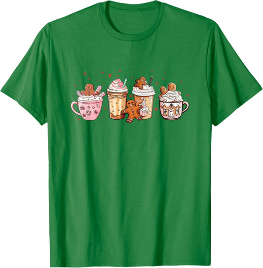 Merry Christmas Gingerbread Cookie Coffee Cups Latte Drink T-Shirt - T-Shirt | Irish Green