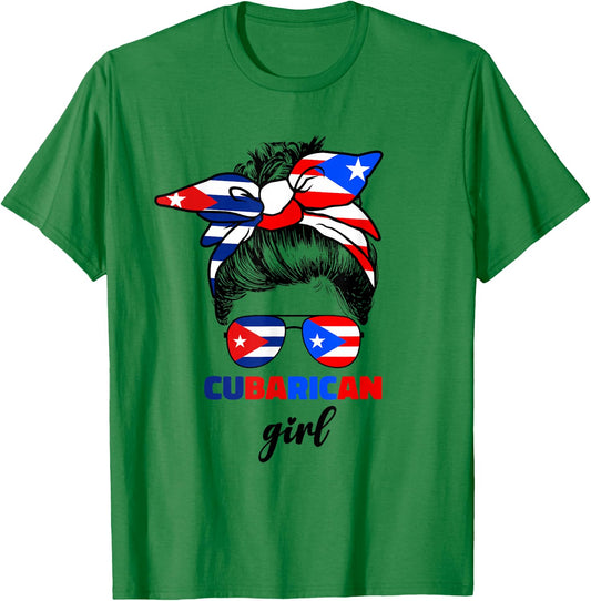 Half Cuban And Puerto Rican Rico Cuba Flag Cubarican Girl T-Shirt - T-Shirt | Irish Green