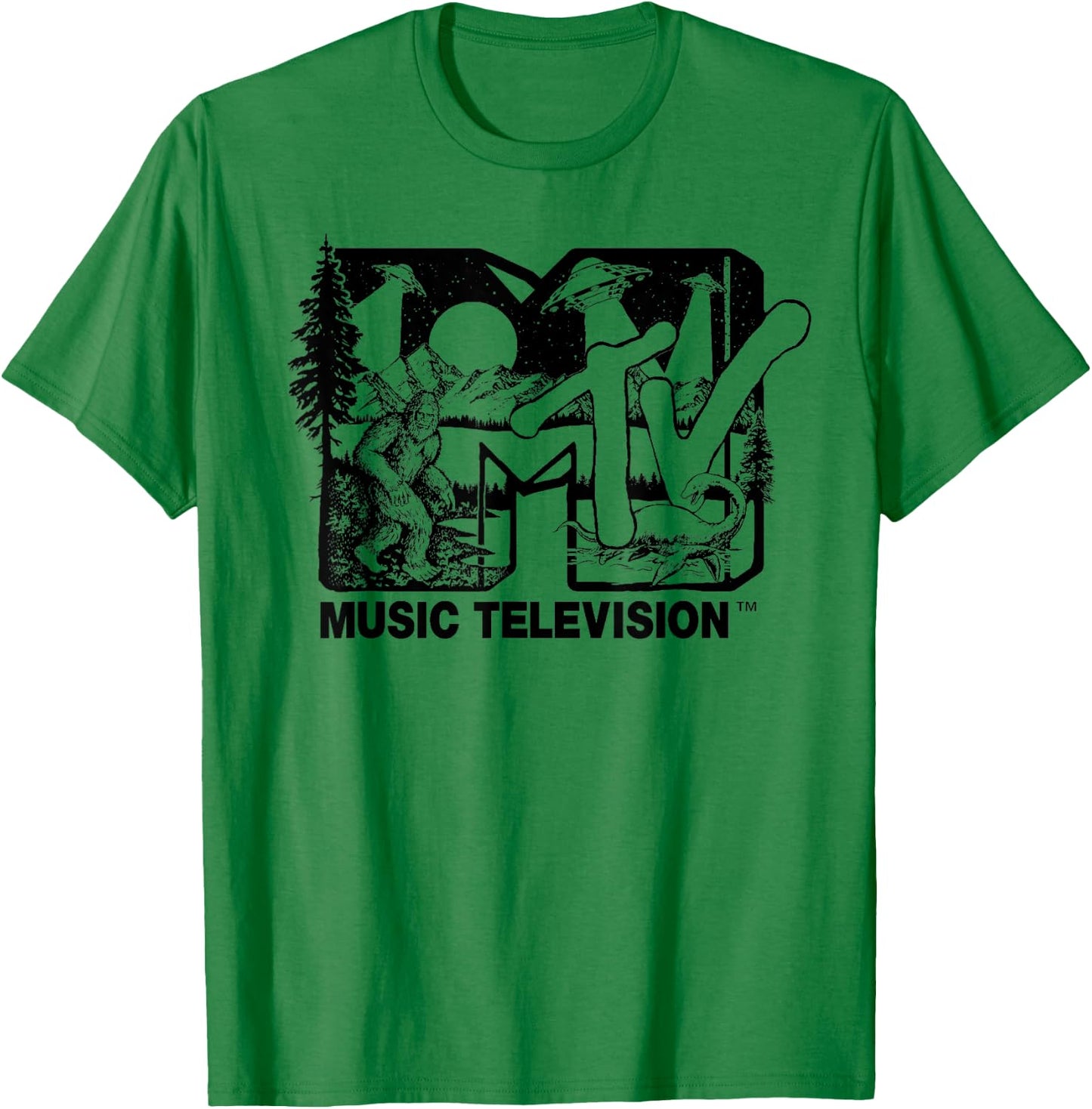 Mademark x MTV - Cryptid-Filled MTV Logo Feat. Bigfoot, UFO, & Nessie Outline T-Shirt - T-Shirt | Irish Green