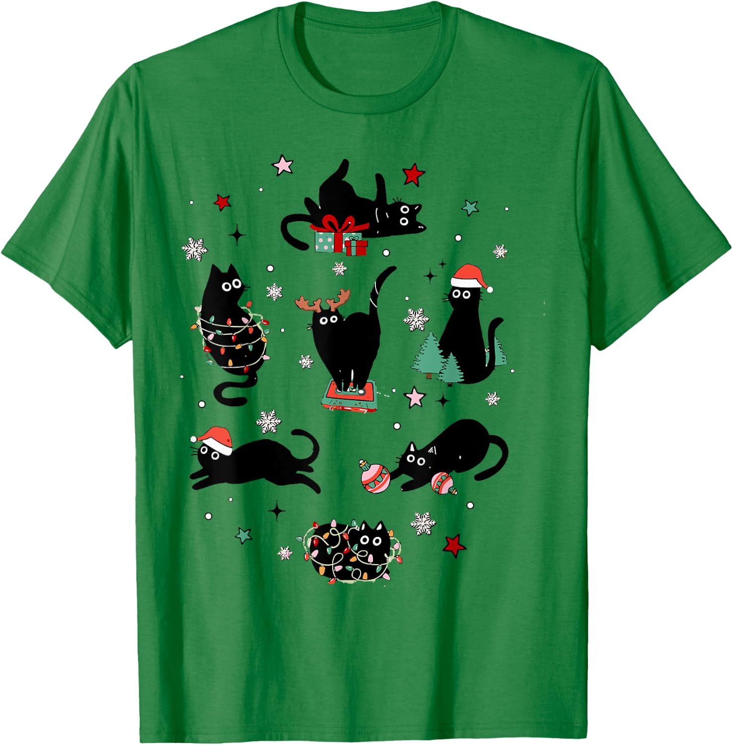 Santa Cat Light Gorgeous Reindeer Pajama Christmas Cat Lover T-Shirt - T-Shirt | Irish Green