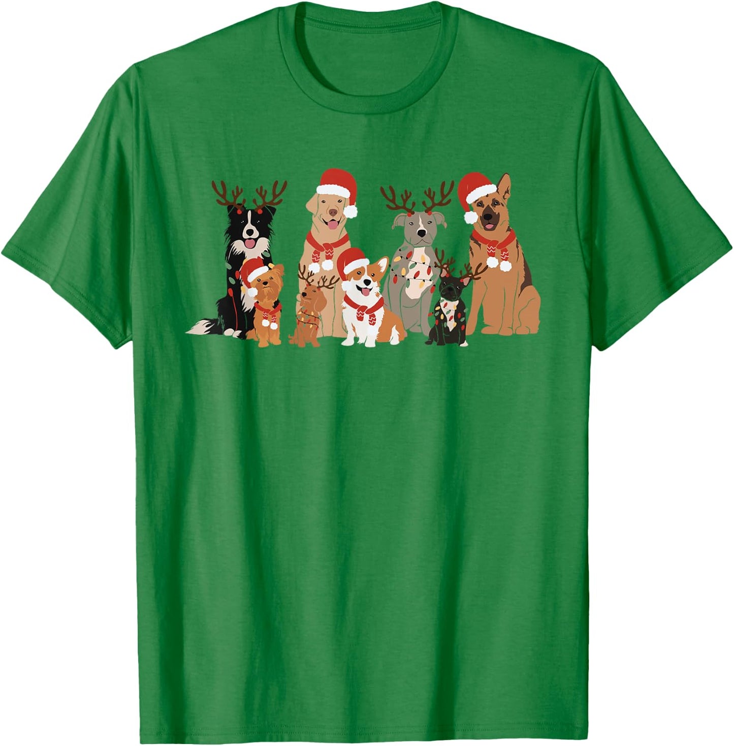 Christmas Dogs Squad Reindeer Santa Lights Dog Owner T-Shirt - T-Shirt | Irish Green