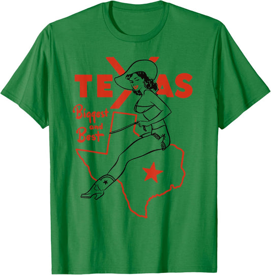 Vintage Rodeo Texas Pride Boots & Bikini Pin-Up Cowgirl T-Shirt - T-Shirt | Irish Green