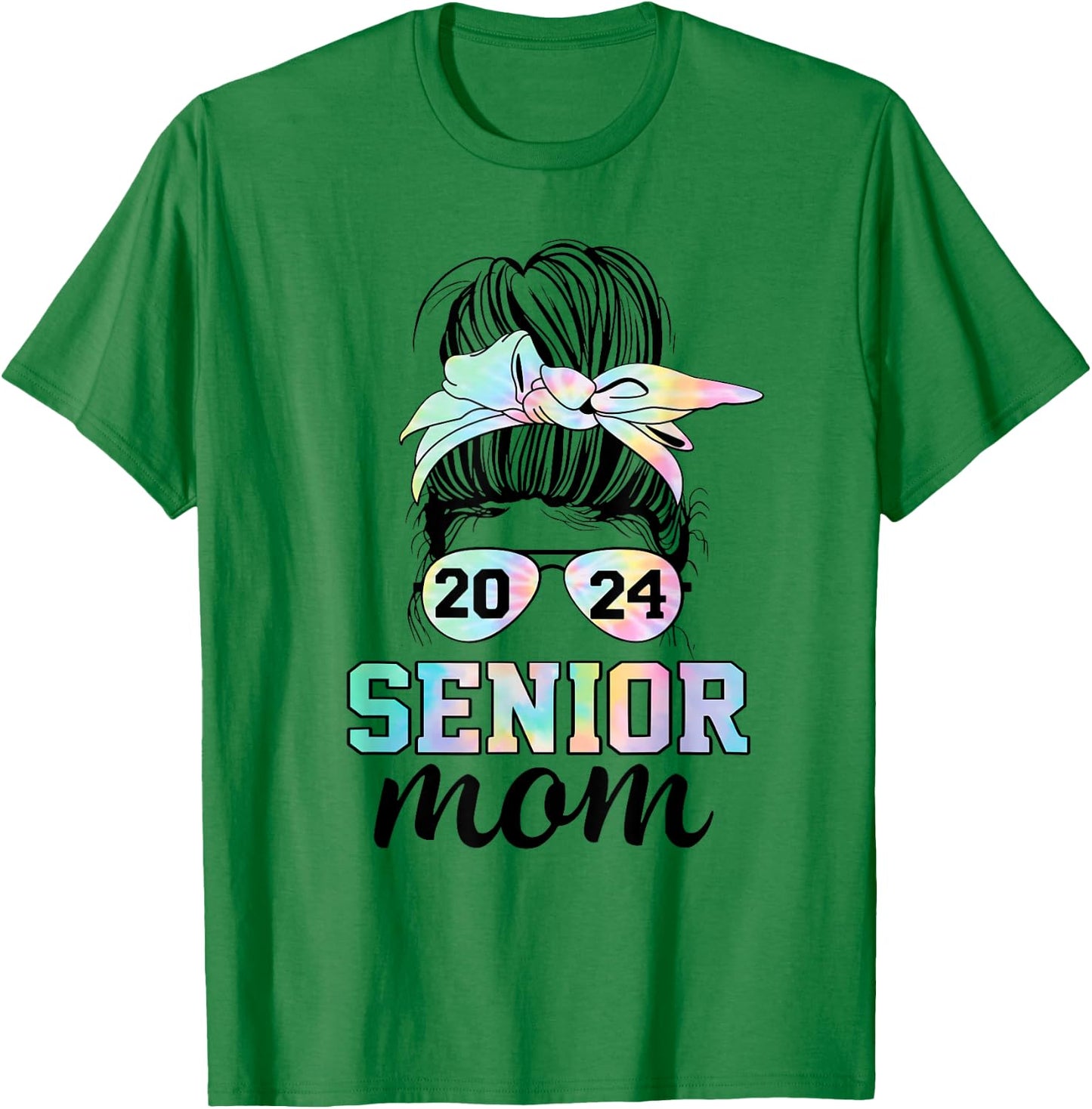 Senior 2024 mom class of 24 proud mom messy bun tie dye T-Shirt - T-Shirt | Irish Green