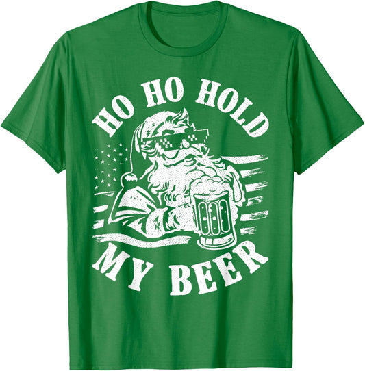 Christmas In July 2023 Hipster Santa Ho Ho Hold My Beer T-Shirt - T-Shirt | Irish Green