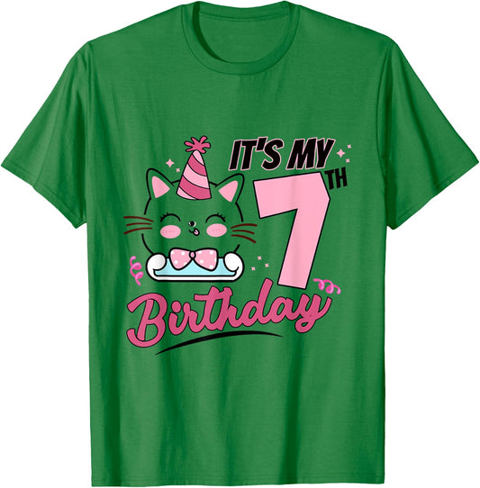 It's My 7th Birthday Cute Cat Kitten 7 Years Old Girls T-Shirt - T-Shirt | Irish Green