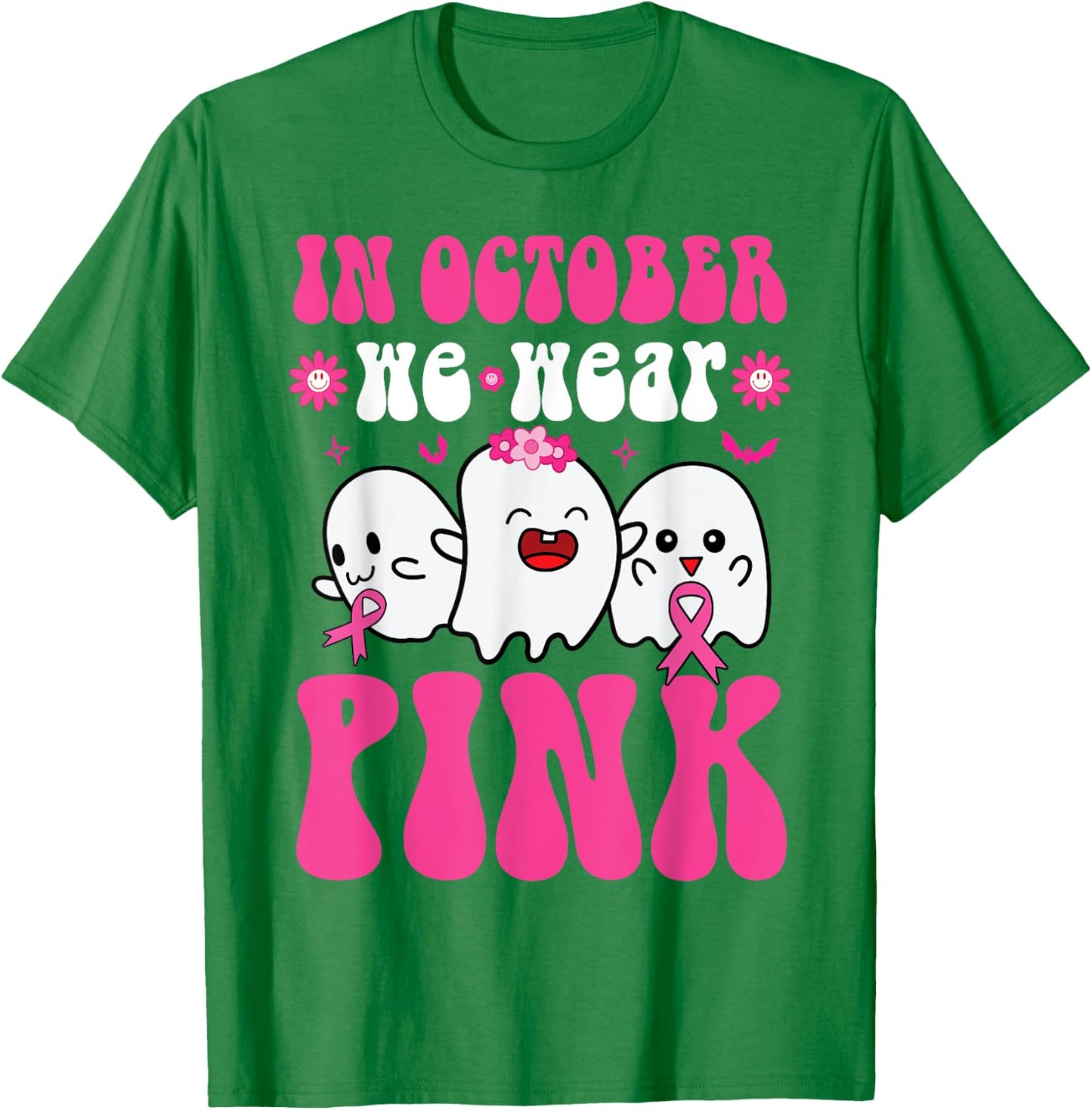 Groovy Wear Pink Breast Cancer Warrior Ghost Halloween Girls T-Shirt - T-Shirt | Irish Green