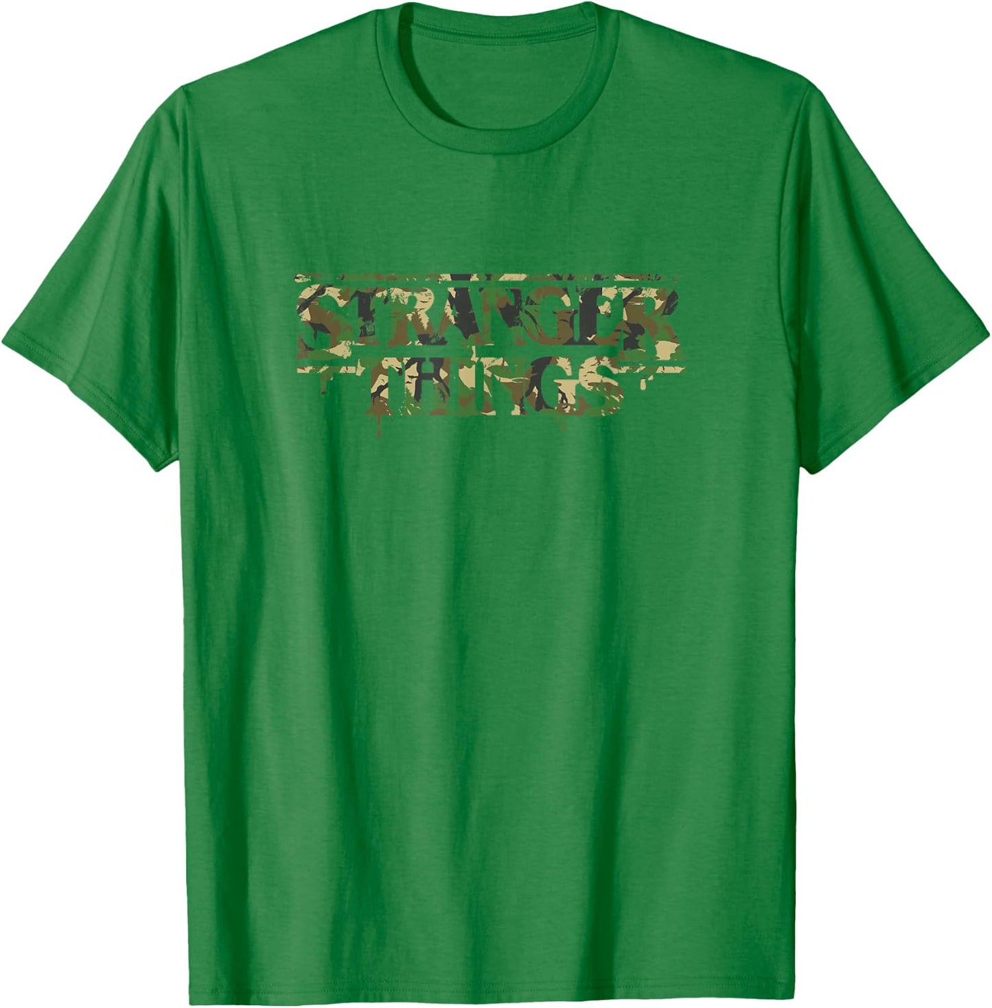 Stranger Things Military Camouflage Dripping Paint Logo T-Shirt - T-Shirt | Irish Green