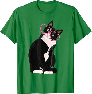 Cool Black Cat Kitten Red Heart Glasses Happy valentines Day T-Shirt - T-Shirt | Irish Green