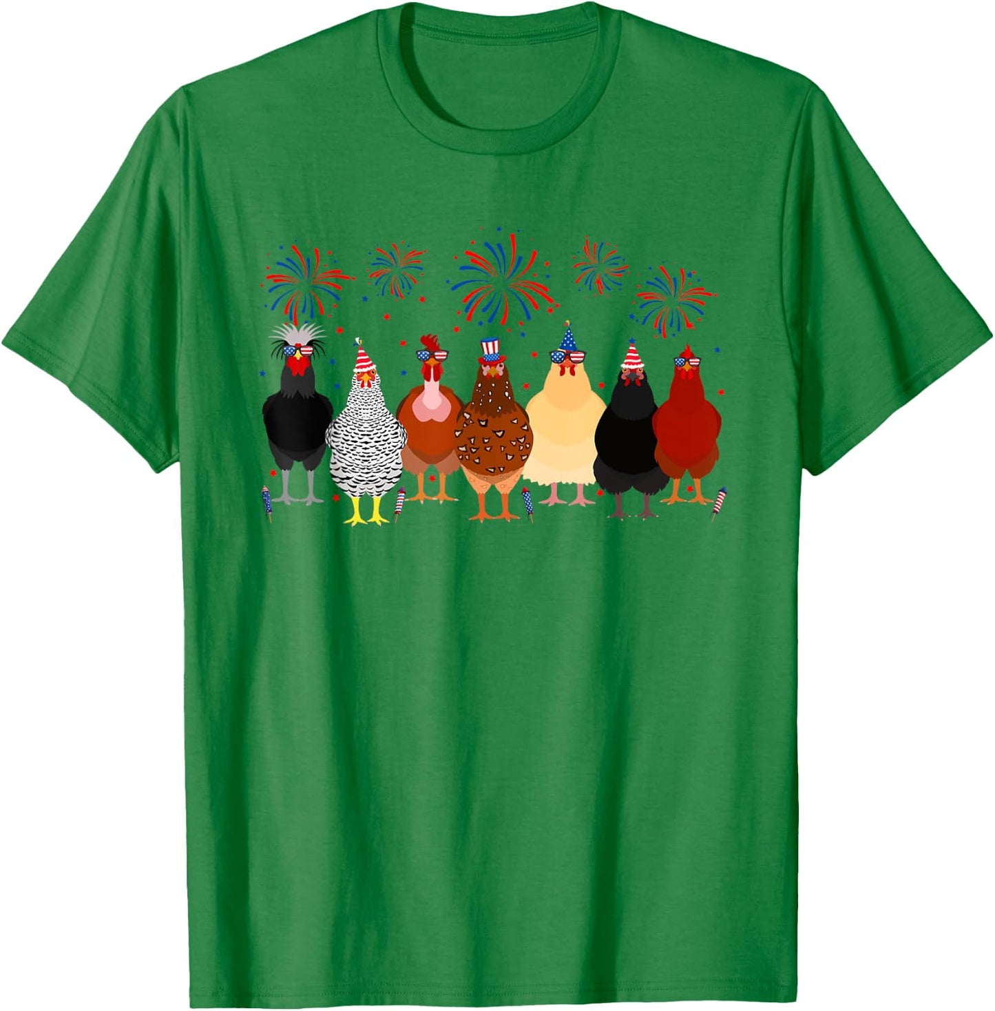 Funny Chickens American Flag Fireworks Farmer 4th Of July Women Men T-Shirt - T-Shirt | Irish Green