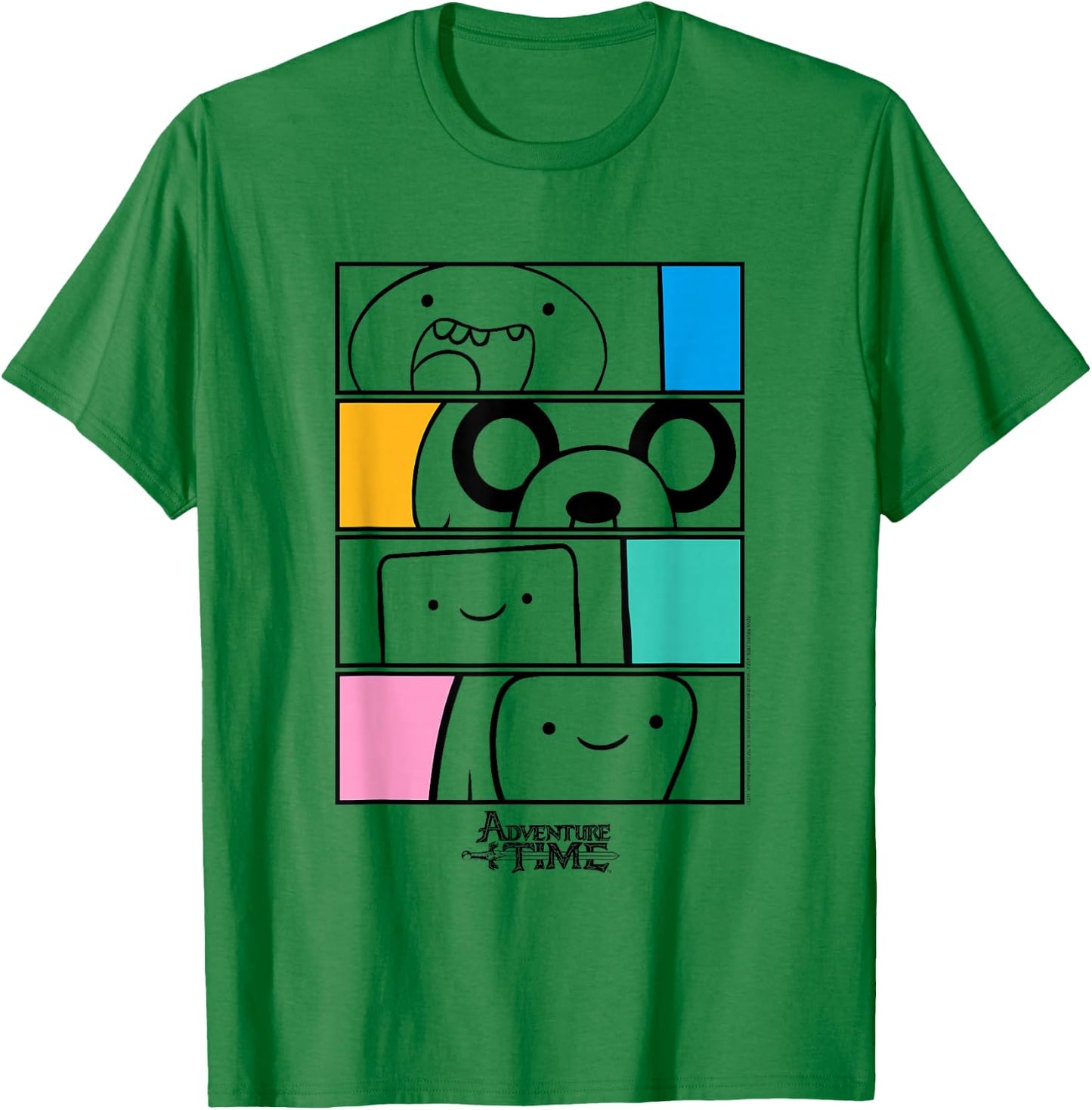 Adventure Time Finn, Jake. BMO, Bubblegum Stacked Cartoon T-Shirt - T-Shirt | Irish Green