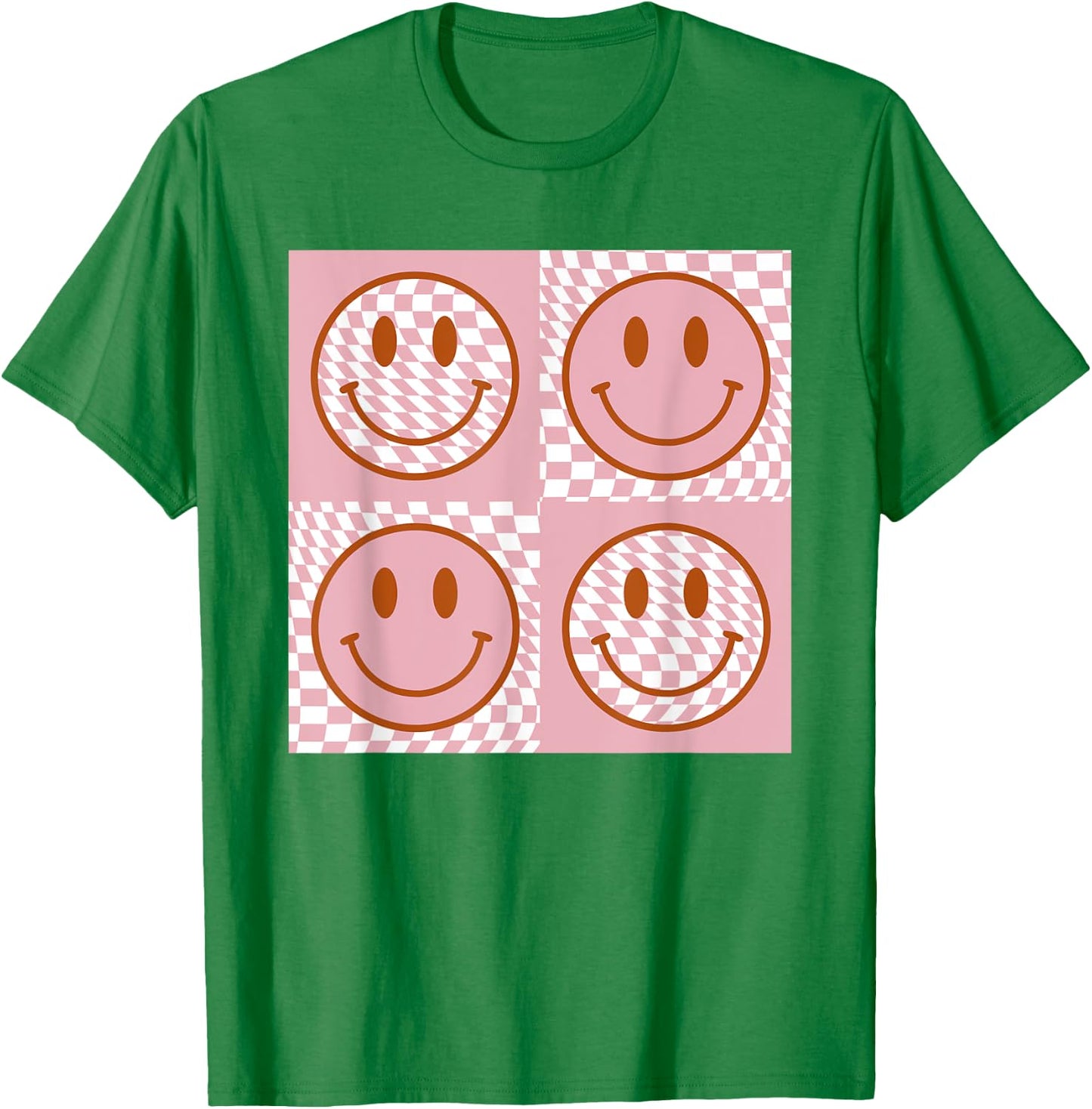 Checkered Pattern Happy Face Shirt Retro Pink Smile Face T-Shirt - T-Shirt | Irish Green