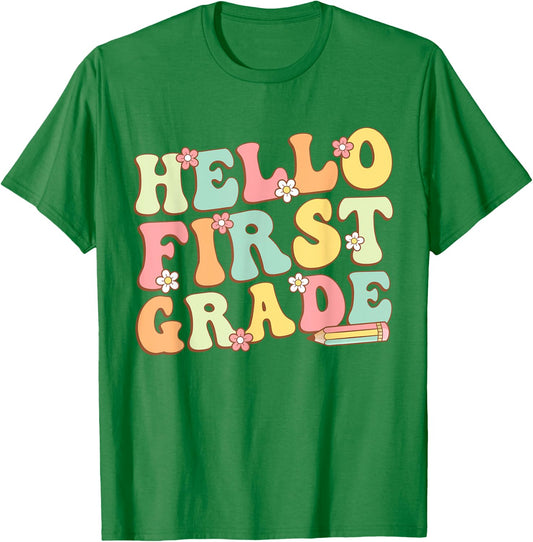 Hello First Grade Team 1st Grade Teacher Girl Back to School T-Shirt - T-Shirt | Irish Green