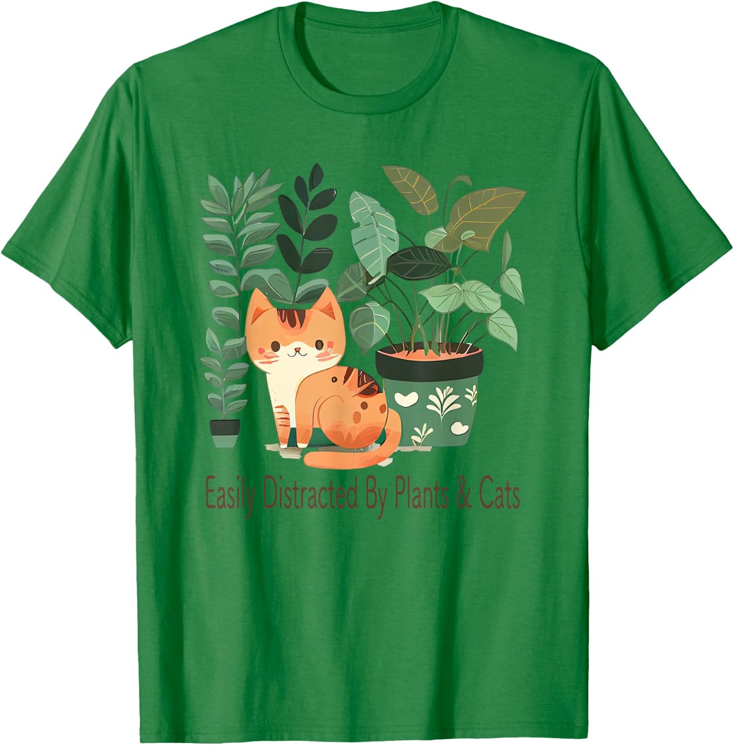 Easily Distracted By Plants And Cats Kawaii Cute Cat Plant Women Kids T-Shirt - T-Shirt | Irish Green