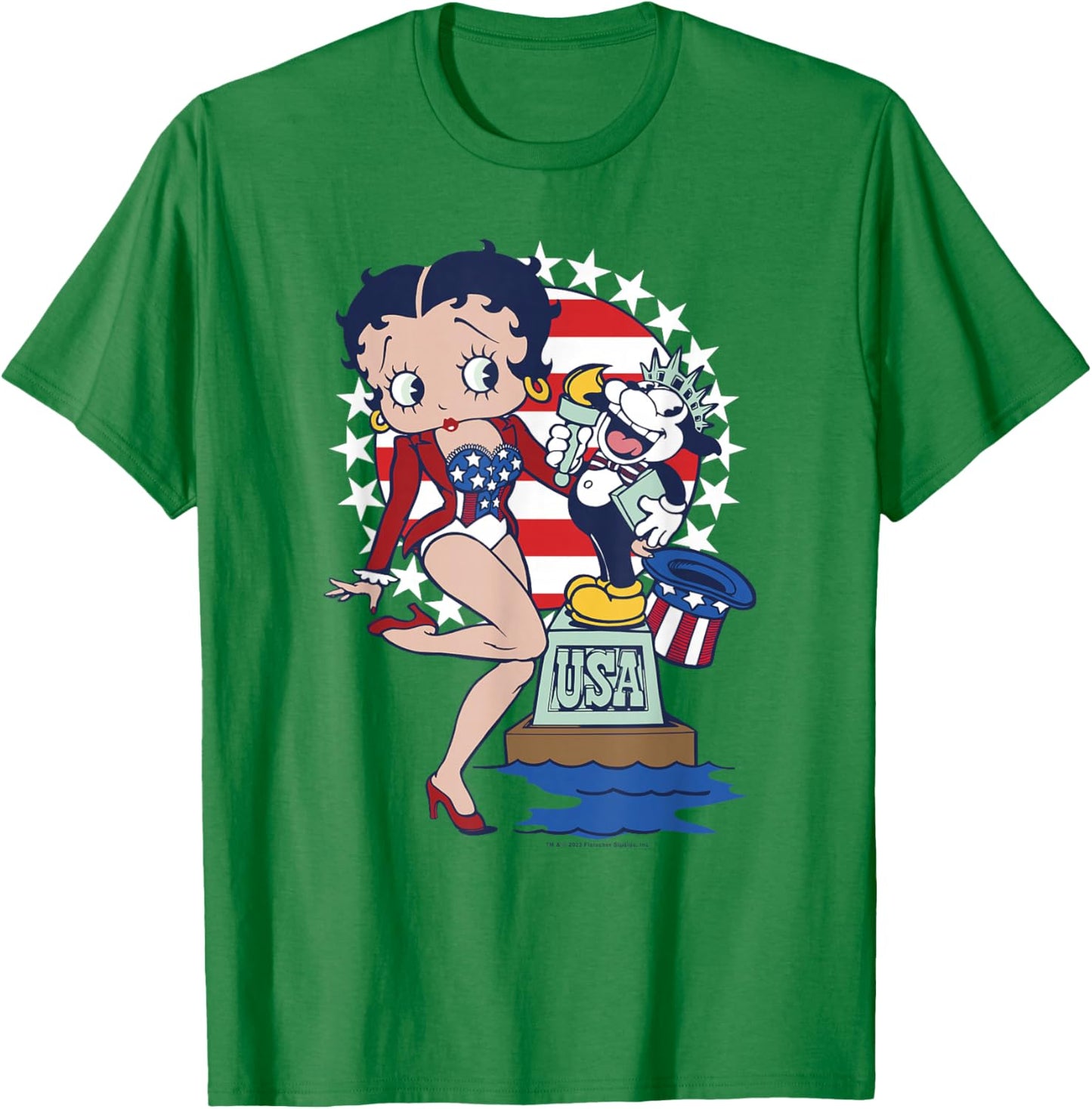 Betty Boop & Bimbo USA Star Spangled Patriotic Portrait T-Shirt - T-Shirt | Irish Green
