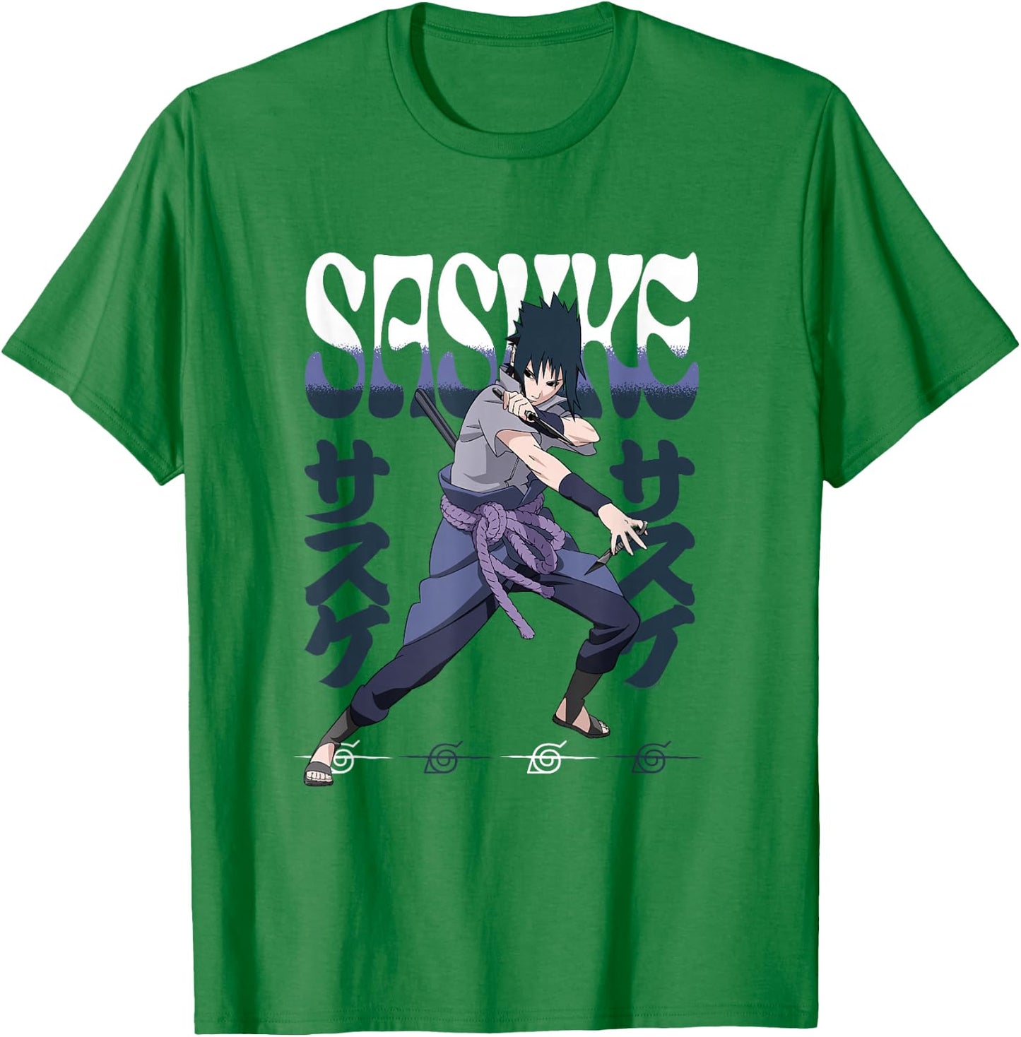 Naruto Shippuden Sasuke Attack Pose with Kanji Anime T-Shirt - T-Shirt | Irish Green