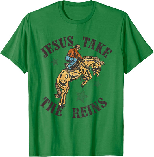 Jesus Take The Reins Western Cowboy Bucking Bronco Western T-Shirt - T-Shirt | Irish Green