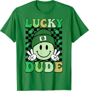 Groovy Lucky Dude Shamrock Smile Boys Kids St. Patrick's Day T-Shirt - T-Shirt | Irish Green